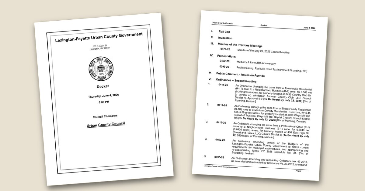 Illustration for Lexington Urban County Council sets June 4 agenda for zoning, budget decisions