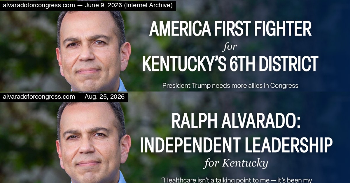 Two screenshots of the top of alvaradoforcongress.com: the June 9, 2026 version headlined