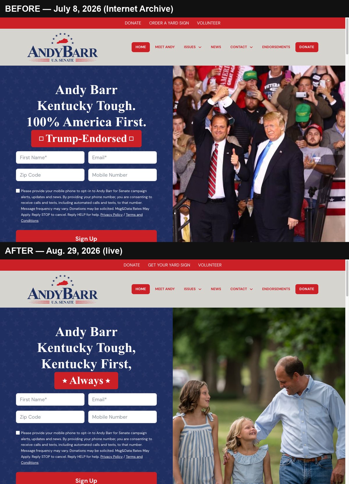 Two screenshots of the top of barrforsenate.com: the July 8, 2026 version reading