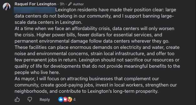 Screenshot of a Facebook comment by the Raquel For Lexington campaign page saying Lexington residents have made their position clear, that large data centers do not belong in the community, and that Carter supports banning large-scale data centers in Lexington.