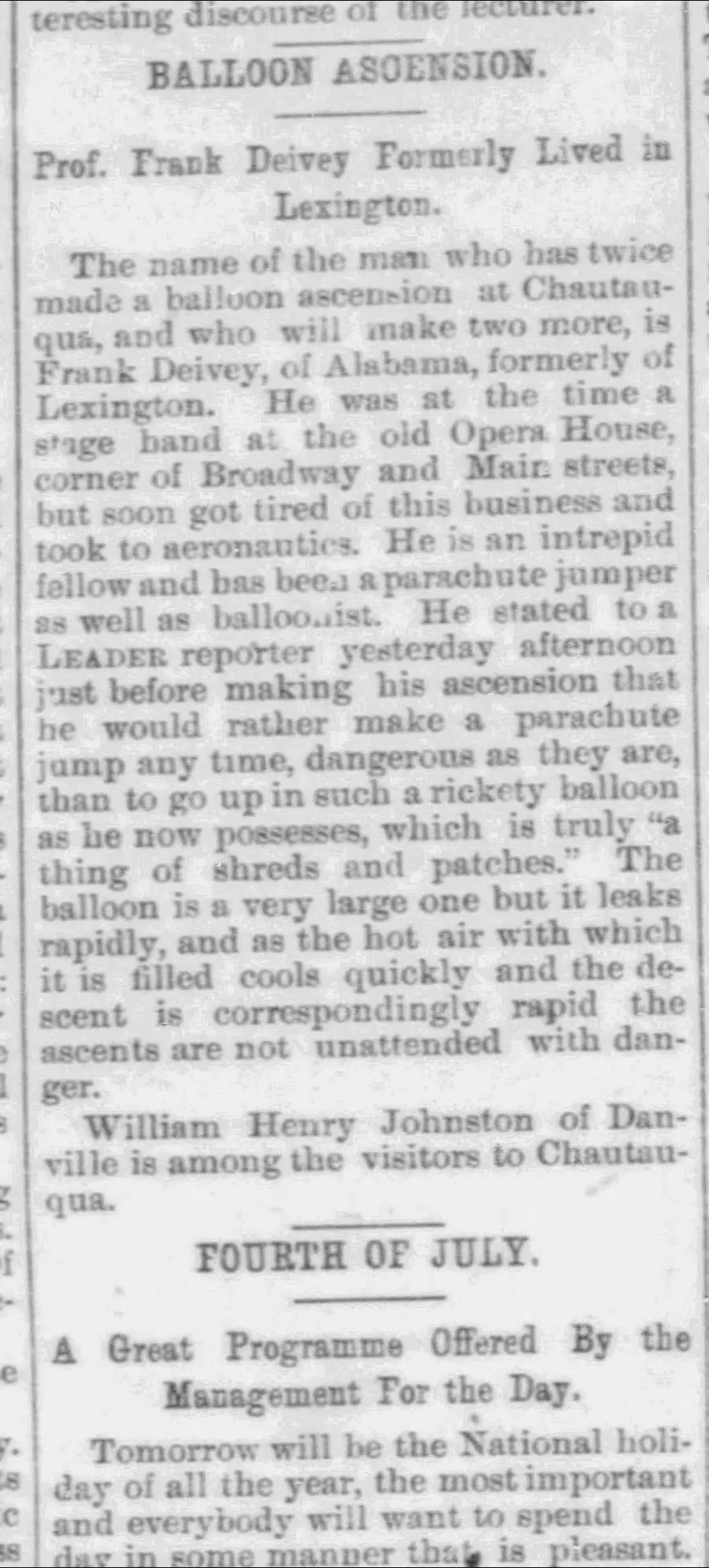 Balloon Ascension: Prof. Frank Deivey — Lexington Leader, July 3, 1892 (public domain)