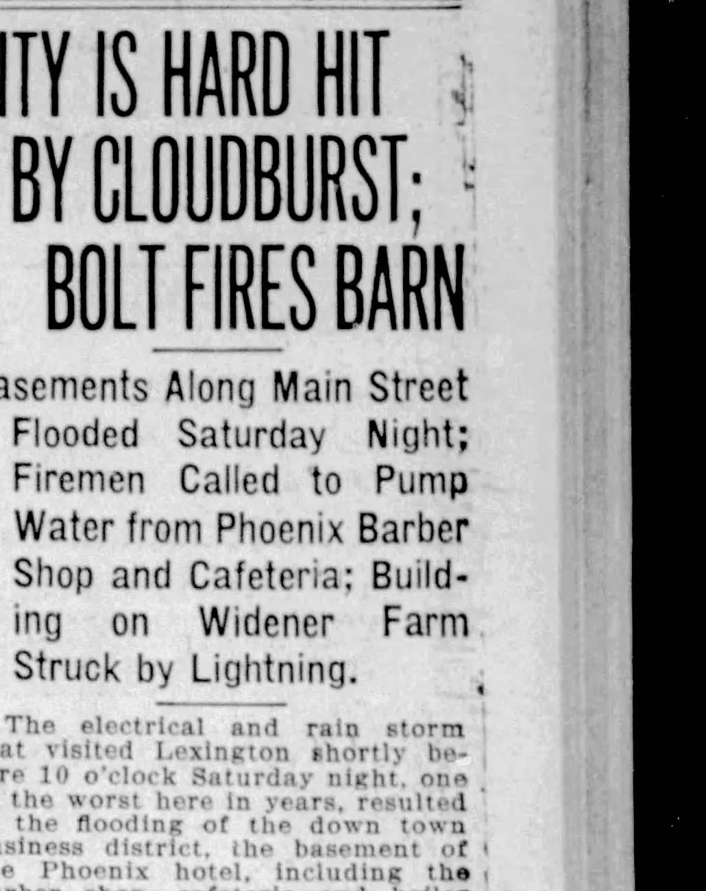 “City Is Hard Hit by Cloudburst; Bolt Fires Barn” — Lexington Herald-Leader, July 8, 1923 (public domain)