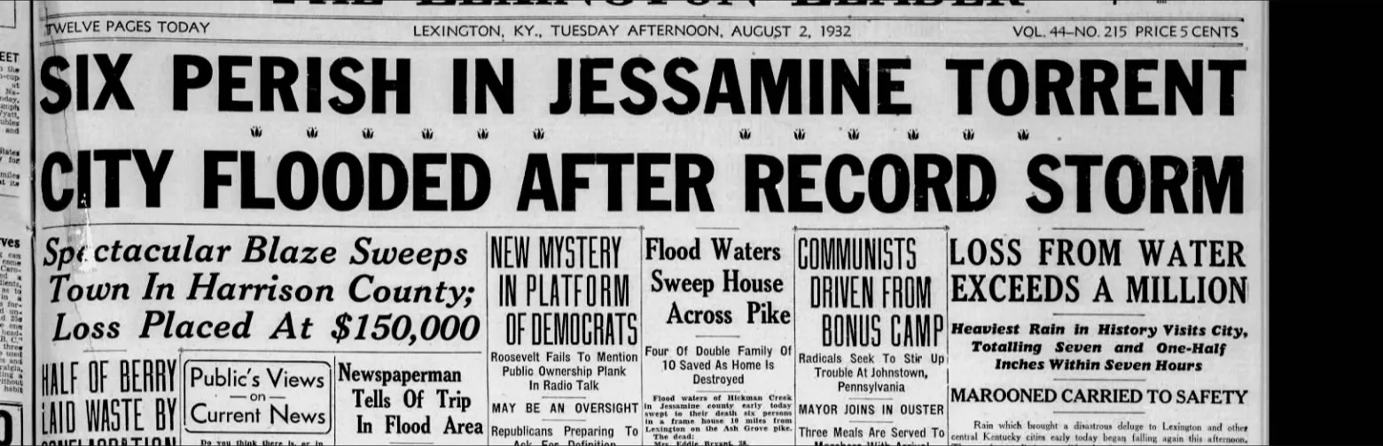 “Six Perish in Jessamine Torrent — City Flooded After Record Storm” — The Lexington Leader, August 2, 1932 (public domain)