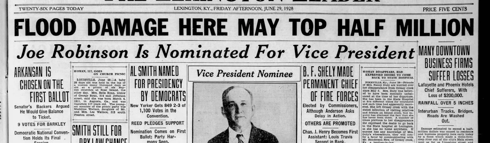 “Flood Damage Here May Top Half Million” — The Lexington Leader, June 29, 1928 (public domain)