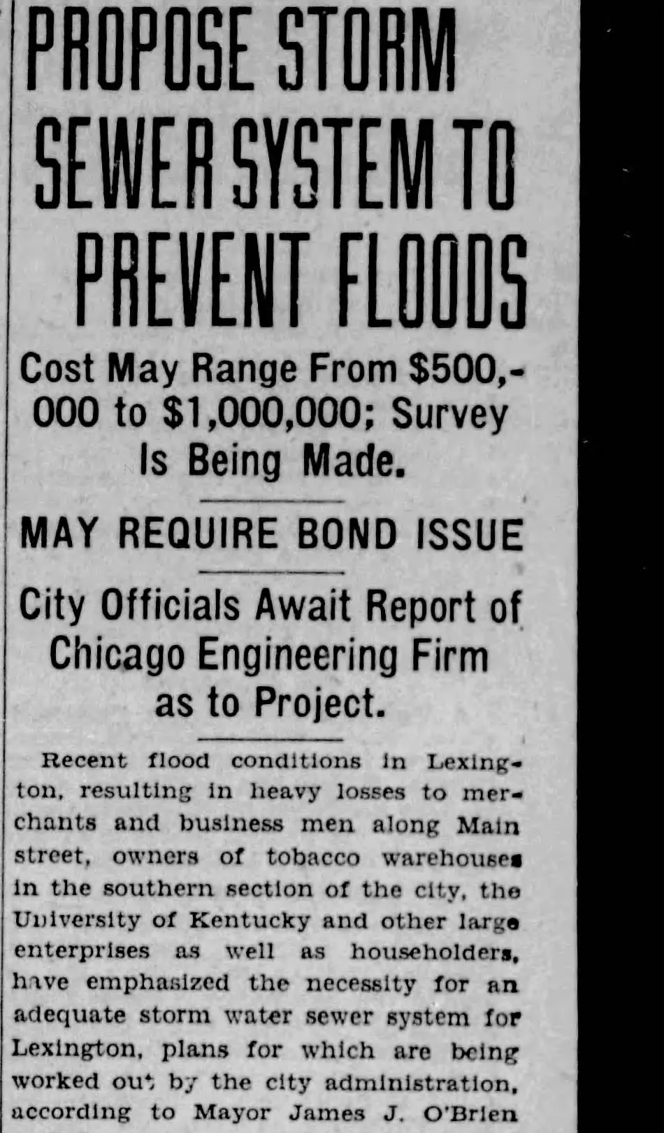 “Propose Storm Sewer System to Prevent Floods” — The Lexington Leader, July 10, 1928 (public domain)