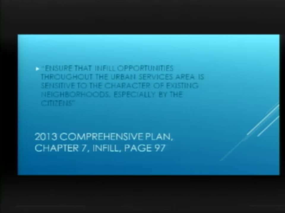 A projected slide at a Lexington Planning Commission hearing quoting the 2013 Comprehensive Plan, Chapter 7, Infill, page 97, on keeping infill sensitive to existing neighborhoods