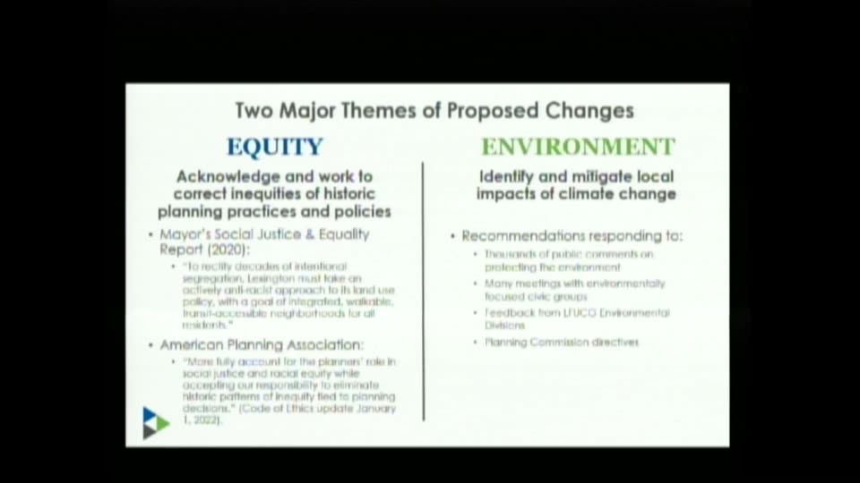 Slide titled Two Major Themes of Proposed Changes, with columns for Equity and Environment.
