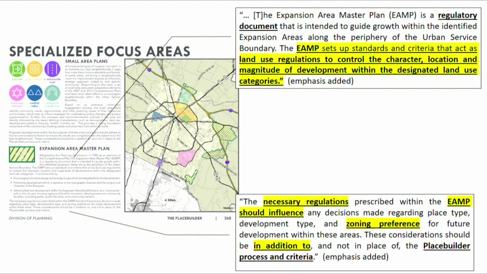 An exhibit slide projected at council showing the 1996 Expansion Area Master Plan with key passages highlighted in yellow