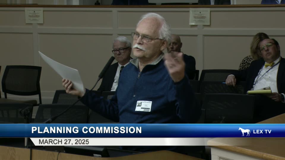 Walt Gaffield gesturing while speaking at the podium during a March 2025 Lexington Planning Commission hearing on House Bill 443