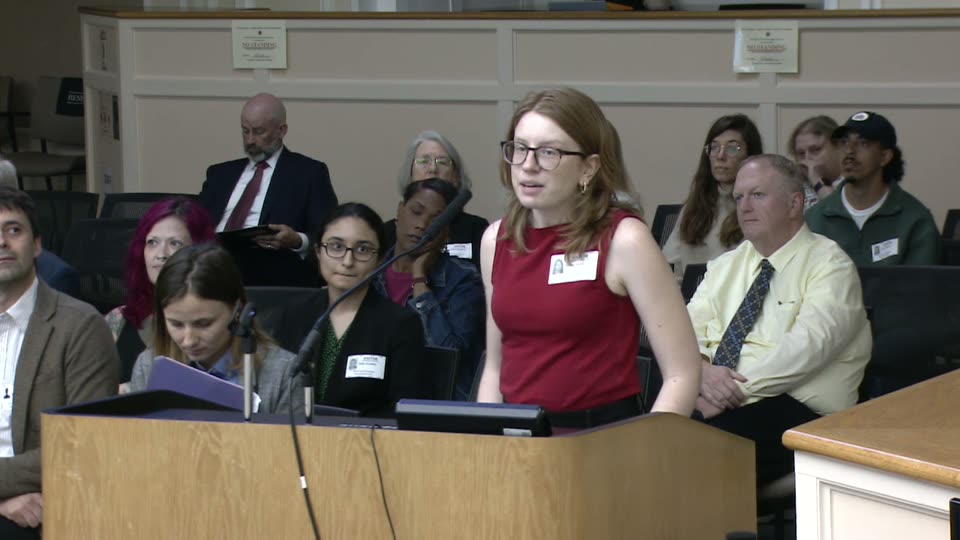Assembly member Haley Small at a council-chambers podium presenting the council compensation recommendation, with several other assembly members visible behind her