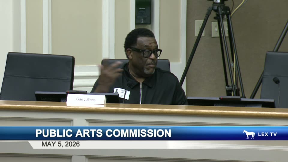 Commissioner Garry Bibbs raising oversight concerns about art-selection committees during the Public Arts Commission's May 5, 2026 meeting.