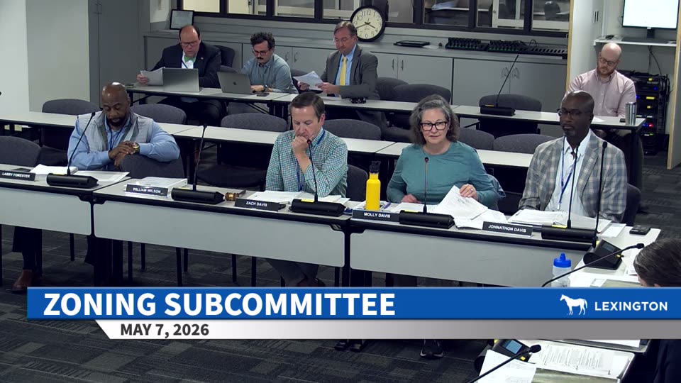 The Zoning Subcommittee dais just before the vote: Larry Forrester, William Wilson, Zach Davis, Molly Davis, and Johnathon Davis seated.