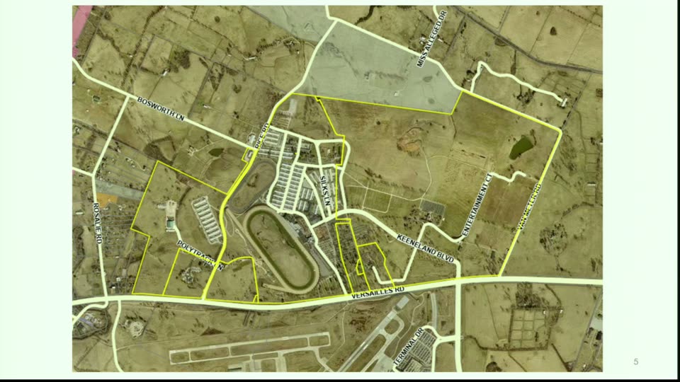 Aerial map of Keeneland's Versailles Road property highlighted in yellow, racetrack visible at center.