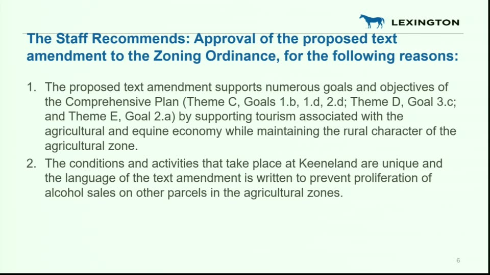 Staff recommendation slide listing reasons for approval, including comp-plan goals and uniqueness of Keeneland.