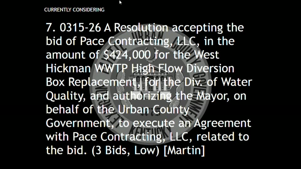 A Resolution accepting the bid of Pace Contracting, LLC, in the amount of $424,000 for the West Hickman WWTP High Flow Diversion Box Replacement.