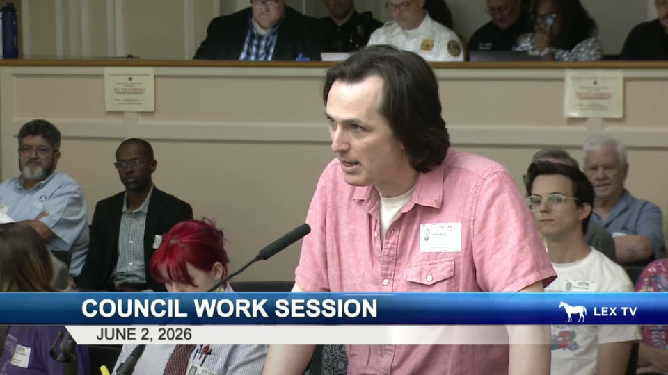 A resident speaks at the public-comment podium during the June 2 LFUCG council work session.