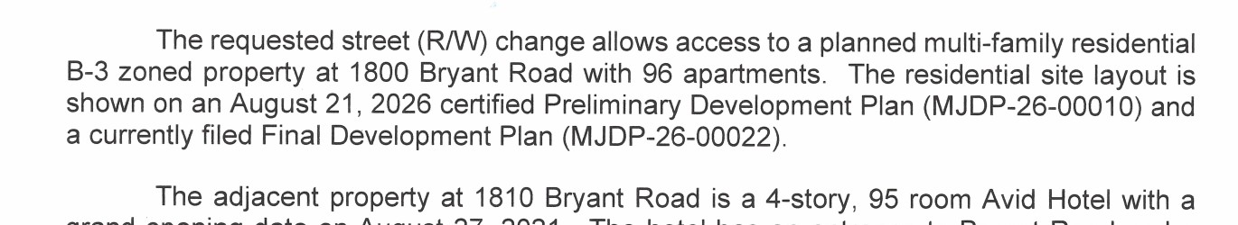 Vision Engineering's Aug. 28 letter describes the planned 96 apartments at 1800 Bryant Road. (Vision Engineering, PLN-WAV-26-00027, via Accela)