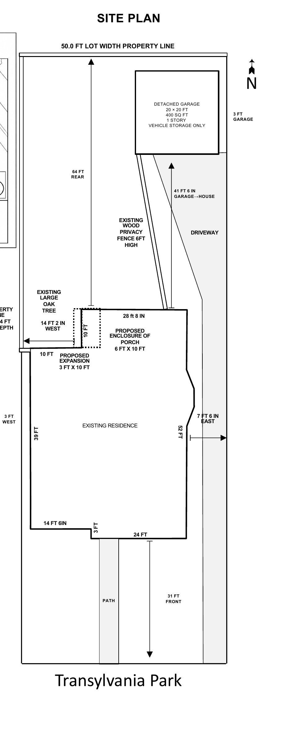 The applicant's site plan for 335 Transylvania Park: a 6-by-10-foot porch enclosure and 3-by-10-foot expansion at the rear of the 1904 house, adding 90 square feet. (Applicant site plan, PLN-BOA-26-00078, via Accela)