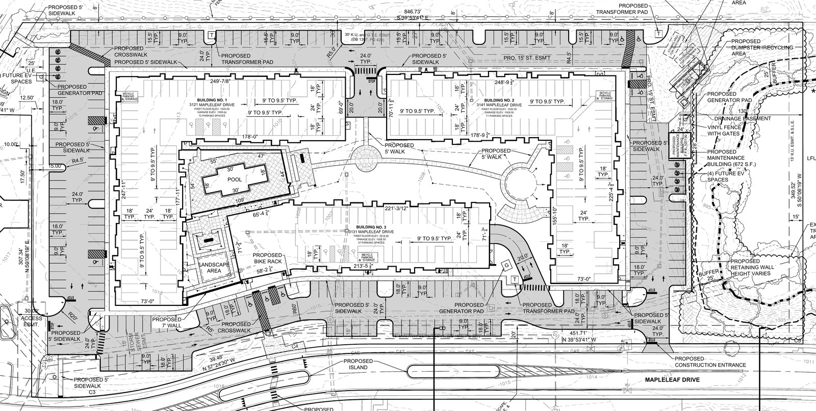 Indigo Apartments amended plan: three four-story buildings over garages at 3151 Mapleleaf Drive, off Man o' War Boulevard. (Hills Properties, PLN-MNDP-26-00018, via Accela)