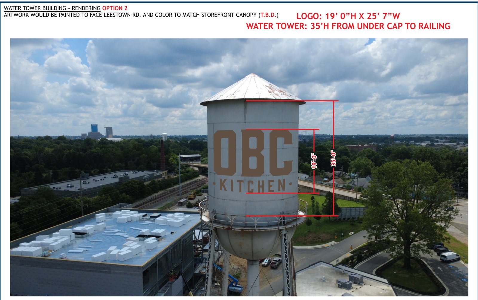 OBC Kitchen's sign package shows the proposed 19-by-25-foot logo painted on the Turner Commons water tower, facing Leestown Road. (Ruggles Sign, PLN-BOA-26-00072, via Accela)
