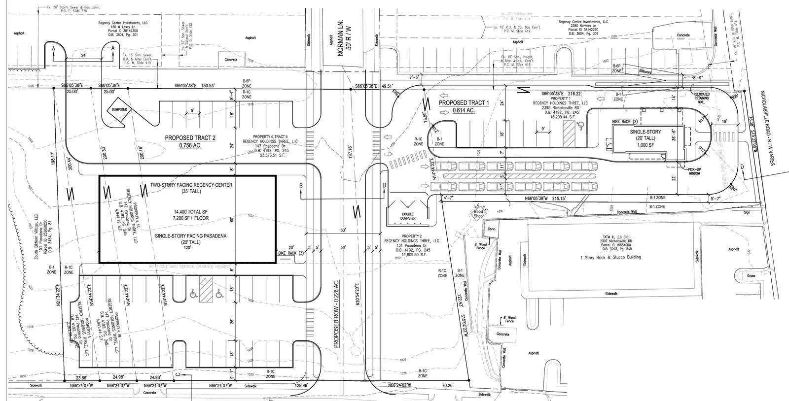 Regency Holdings Three's preliminary plan: the drive-through coffee shop on Nicholasville Road (right), the two-story building facing Regency Center (left), and Norman Lane extended south to Pasadena Drive between them. (CMW Inc., PLN-MJDP-26-00061, via Accela)