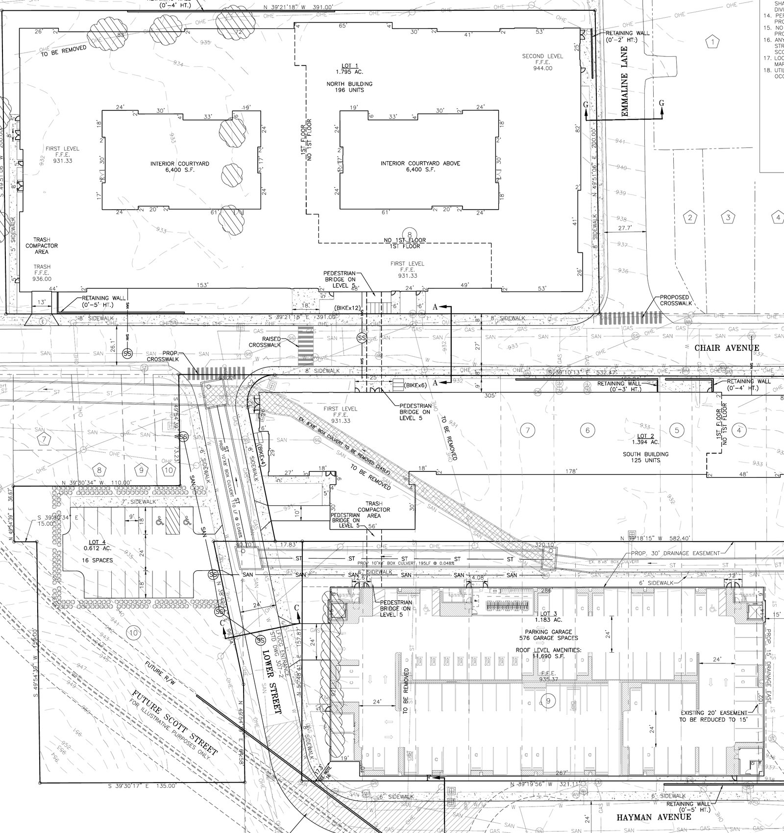 The Standard at Lexington final development plan: the 196-unit north building on Chair Avenue, the 125-unit south building, and the 576-space garage on Hayman Avenue, with Lower Street and a future Scott Street extension at left. (Vision Engineering, PLN-MJDP-26-00062, via Accela)