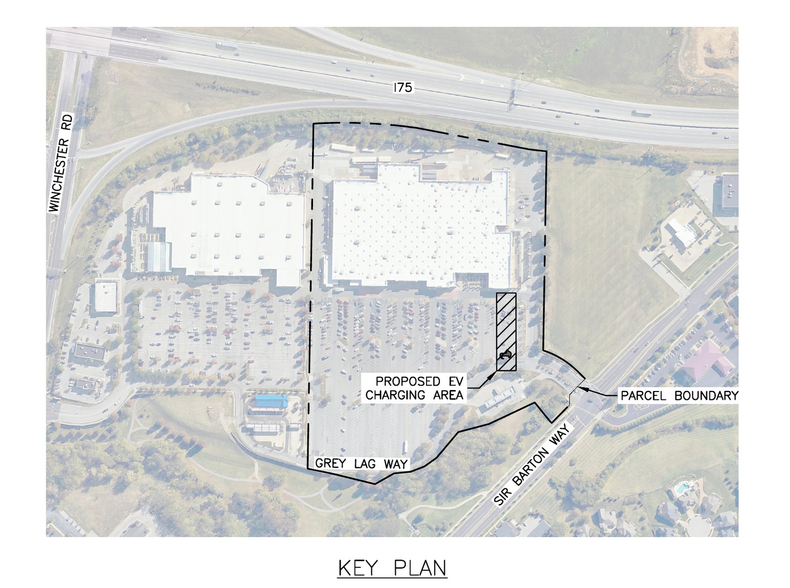 Key plan from Walmart's permit set locating the EV charging area in the Hamburg store's lot at 2350 Grey Lag Way, beside Interstate 75. (Dewberry Engineers, PLN-MNDP-26-00016, via Accela)