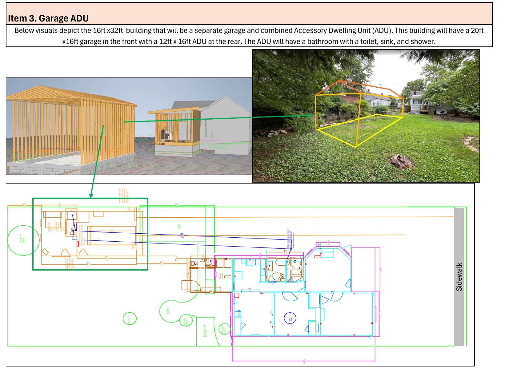 Page 13 of the homeowner's overview for 155 N. Hanover Ave.: a framing model of the 16-by-32-foot garage and accessory dwelling unit, its outline drawn on a photo of the back yard, and the lot plan. (Applicant, PLN-MNDP-26-00021, via Accela)