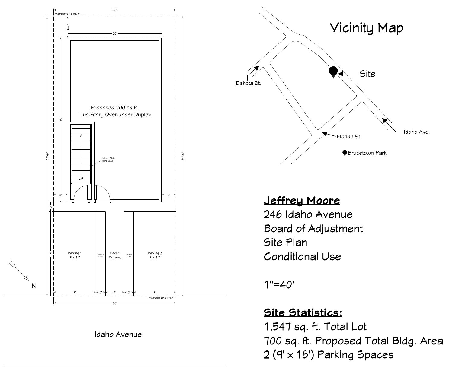 The applicant's site plan for 246 Idaho Avenue: a 700-square-foot two-story duplex footprint on a 26-by-59.5-foot lot, with two parking spaces in the front yard. (Applicant site plan, PLN-BOA-26-00079, via Accela)
