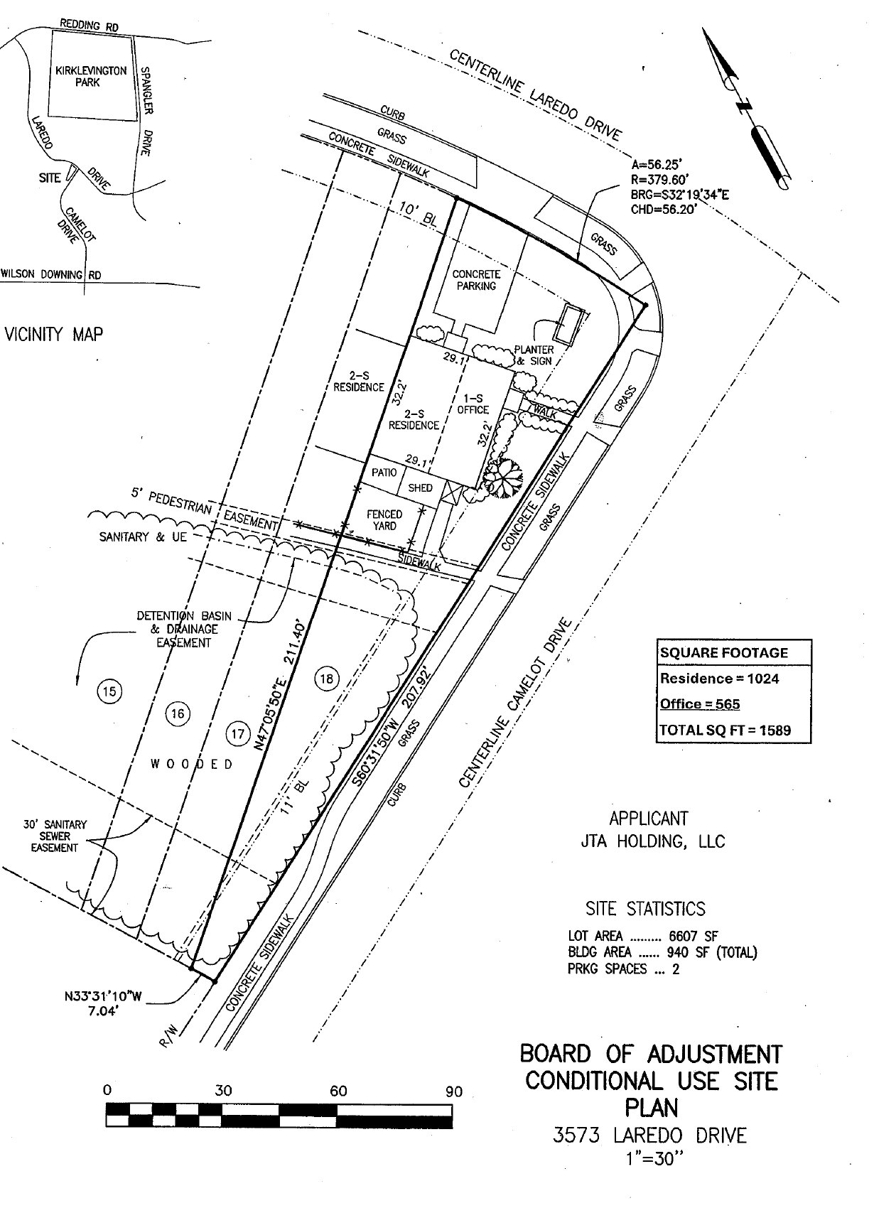 The conditional-use site plan for 3573 Laredo Drive: the two-story residence and one-story office at the corner of Laredo and Camelot drives, with the wooded drainage easement behind. (Applicant site plan, PLN-BOA-26-00080, via Accela)
