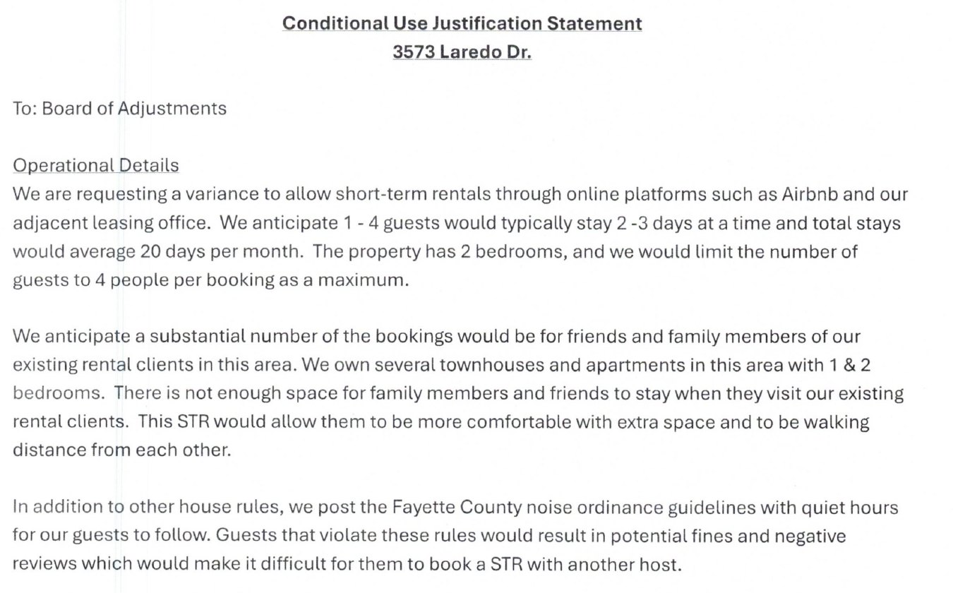 The conditional-use justification letter for 3573 Laredo Drive: guests would largely be friends and family of the applicant's existing tenants, staying two to three days, about 20 days a month. (HG Homes of Ky LLC, PLN-BOA-26-00080, via Accela)