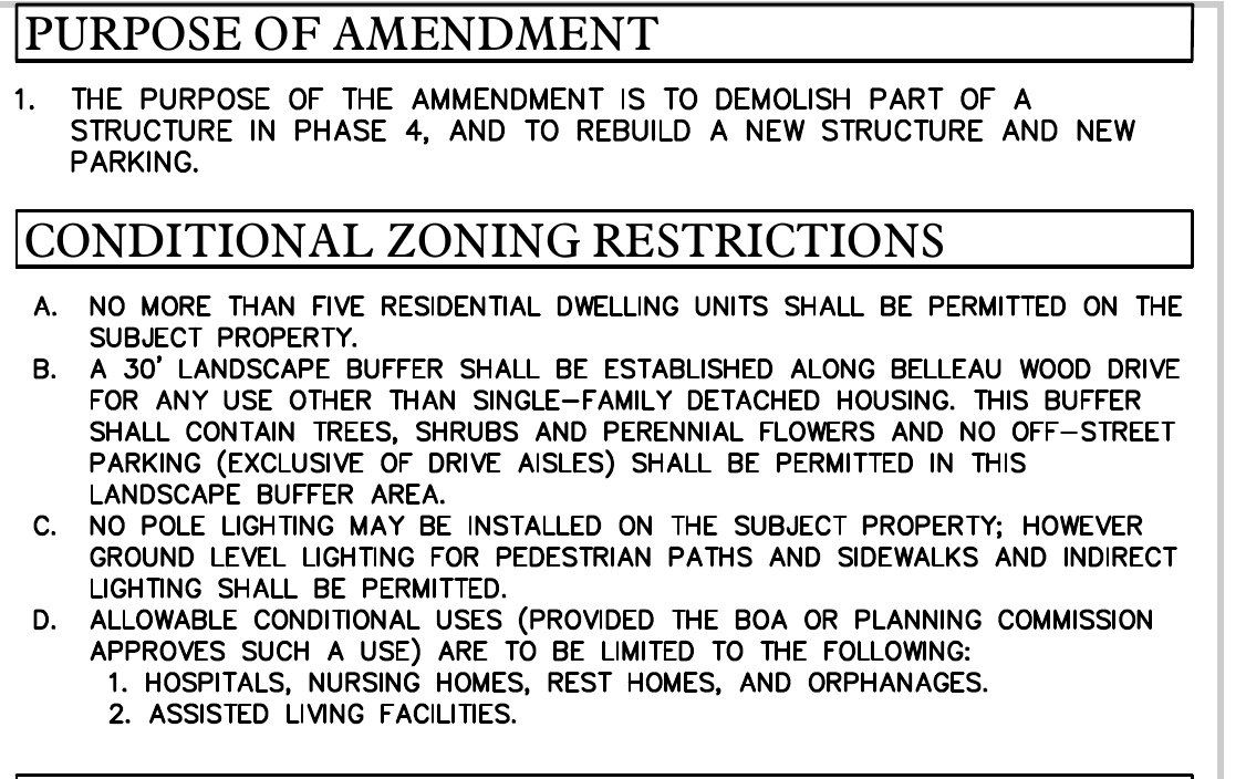 The plan sheet's purpose-of-amendment note and the four conditional zoning restrictions, including C: no pole lighting may be installed on the subject property. (Qk4, PLN-MJDP-26-00065, via Accela)