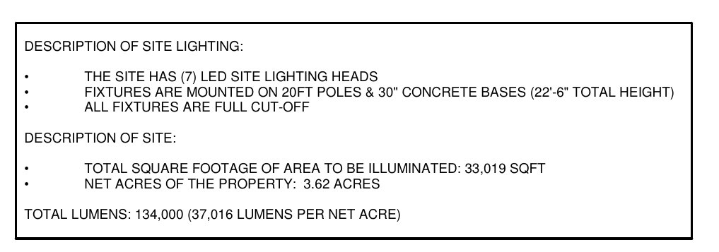 The site-lighting description on sheet E100: seven LED heads on 20-foot poles and 30-inch concrete bases, 22 feet 6 inches total. (Studio A / KLH Engineers, PLN-MJDP-26-00065, via Accela)