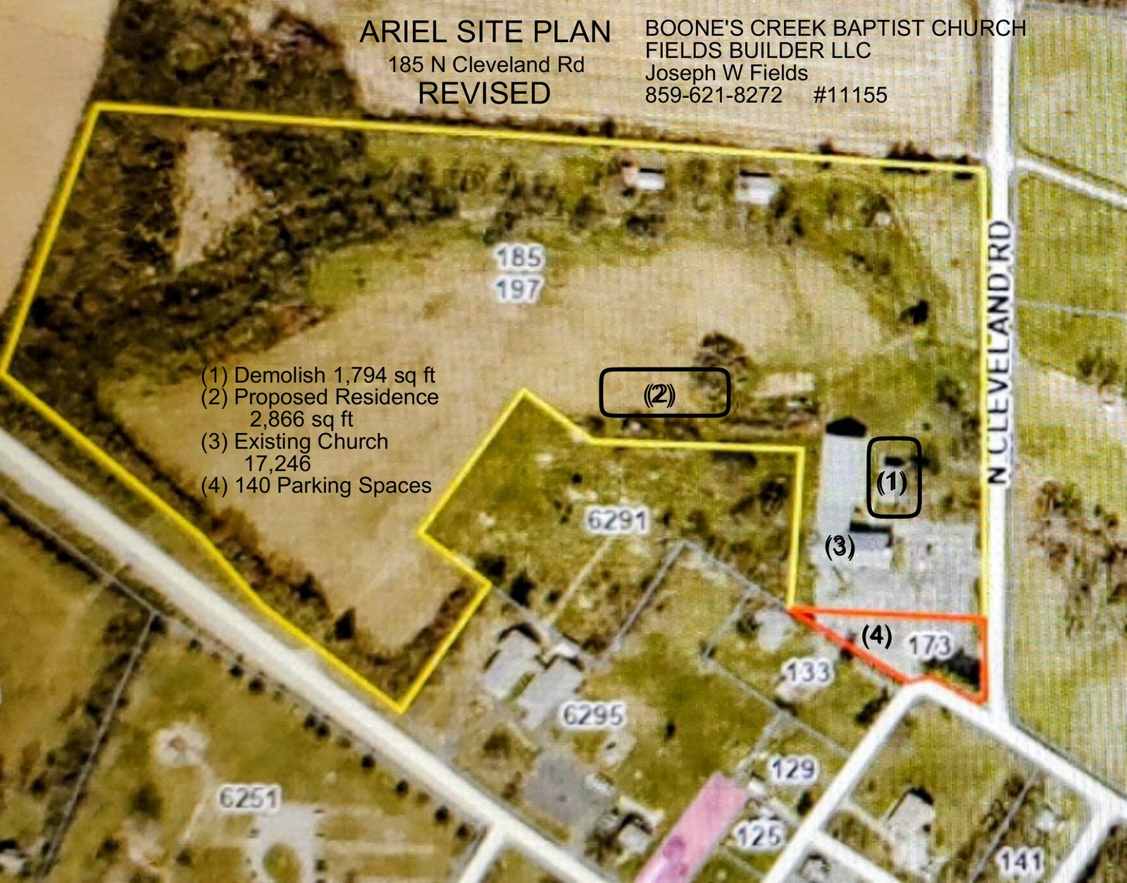Revised aerial site plan for Boone's Creek Baptist Church at 185 N. Cleveland Road marking a 1,794-square-foot residence to demolish, a proposed 2,866-square-foot residence, the 17,246-square-foot church and 140 parking spaces