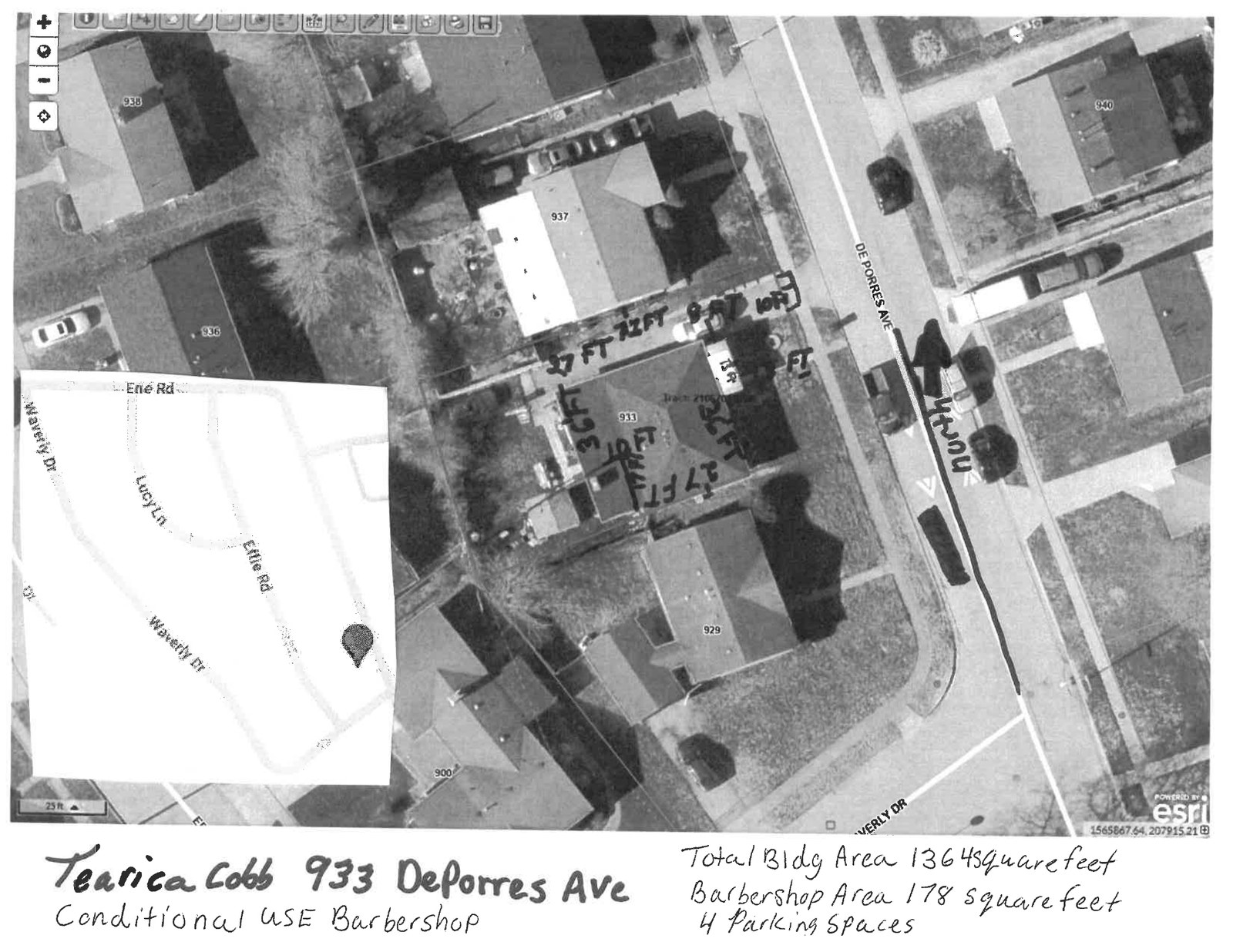Hand-annotated aerial site plan for a conditional use barbershop at 933 De Porres Avenue: total building area 1,364 square feet, barbershop area 178 square feet, four parking spaces