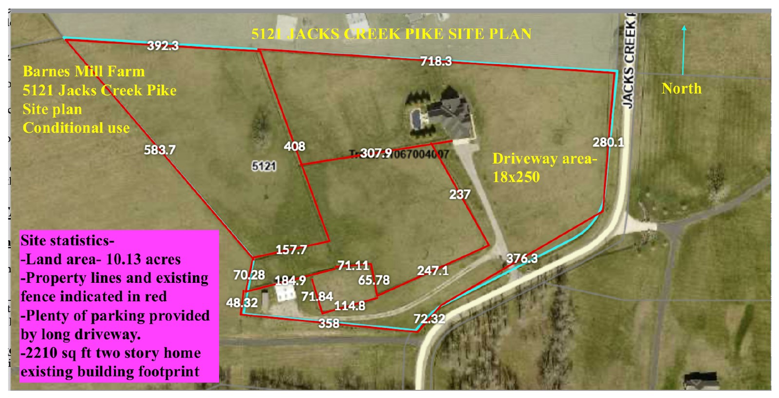 Site plan for 5121 Jacks Creek Pike, Barnes Mill Farm, 10.13 acres, 2,210-square-foot two-story home, conditional use