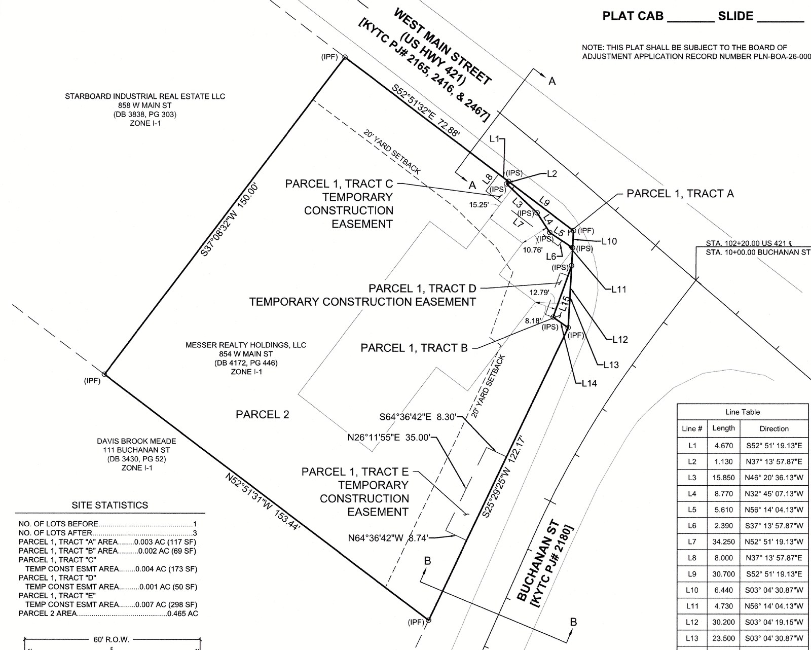 Administrative action minor plat for Messer Realty Holdings LLC at 854 W. Main St. showing Parcel 1 tracts A through E at the corner of West Main Street and Buchanan Street