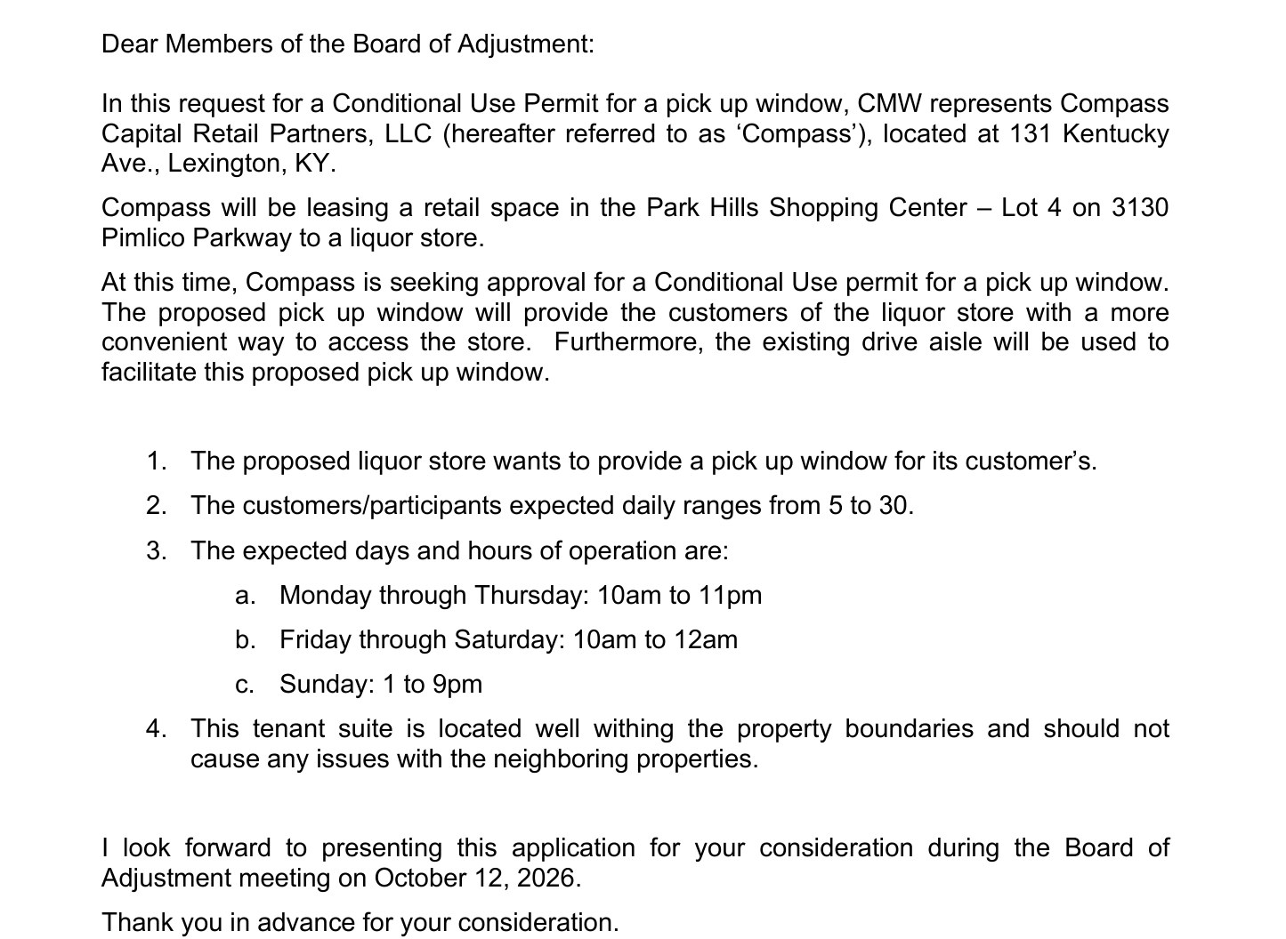 Numbered paragraphs of CMW's Sept. 9 letter: proposed liquor store wants a pick-up window; 5 to 30 customers daily; hours of operation