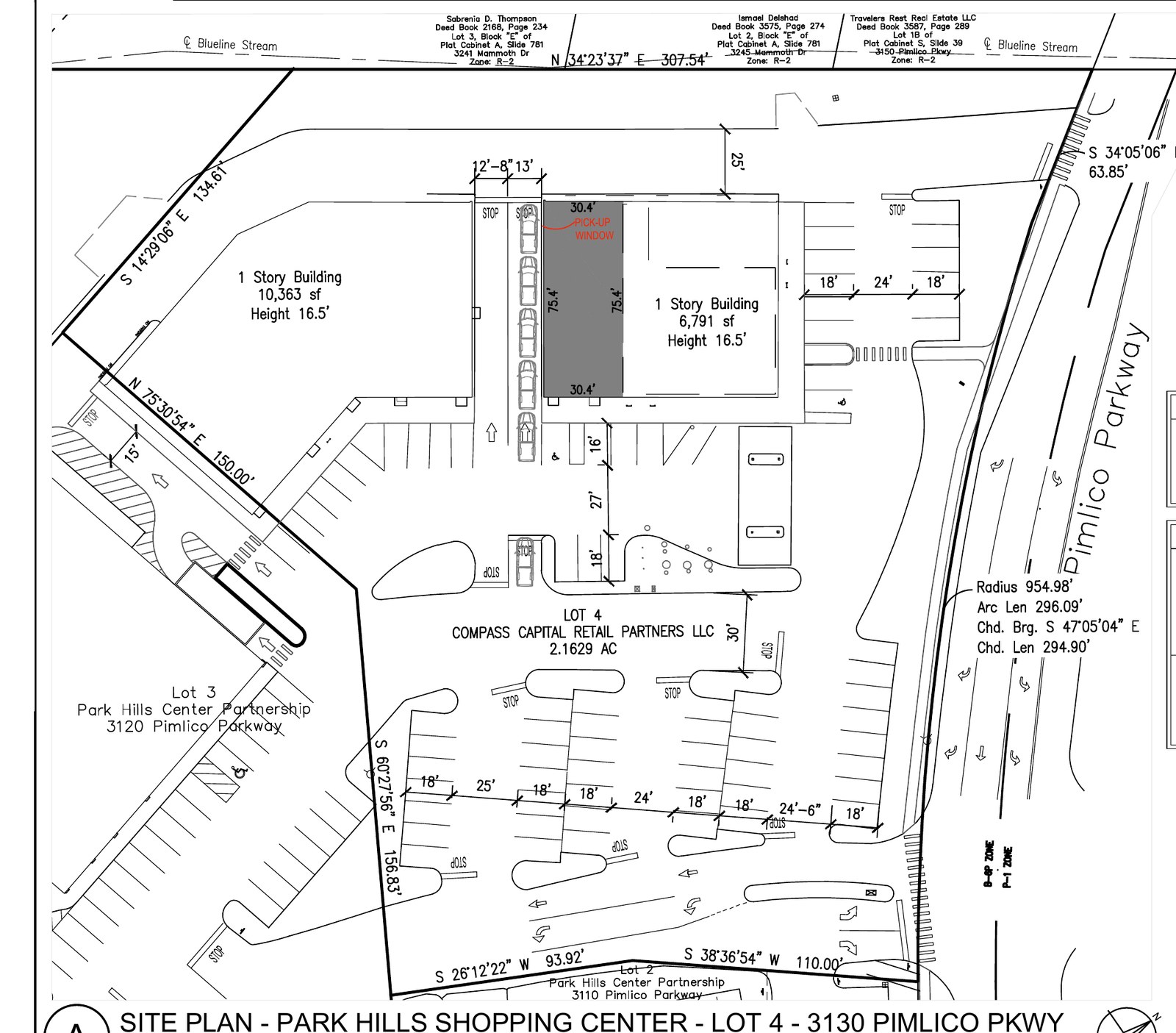 Site plan for Park Hills Shopping Center Lot 4 at 3130 Pimlico Parkway showing a 6,791-square-foot building, a 10,363-square-foot building and a one-way drive aisle marked pick-up window
