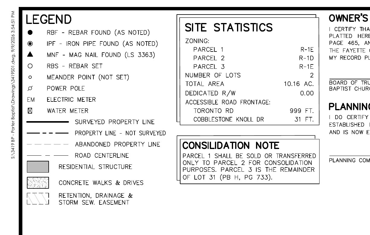 Site statistics and consolidation note from the Porter Memorial Baptist Church plat