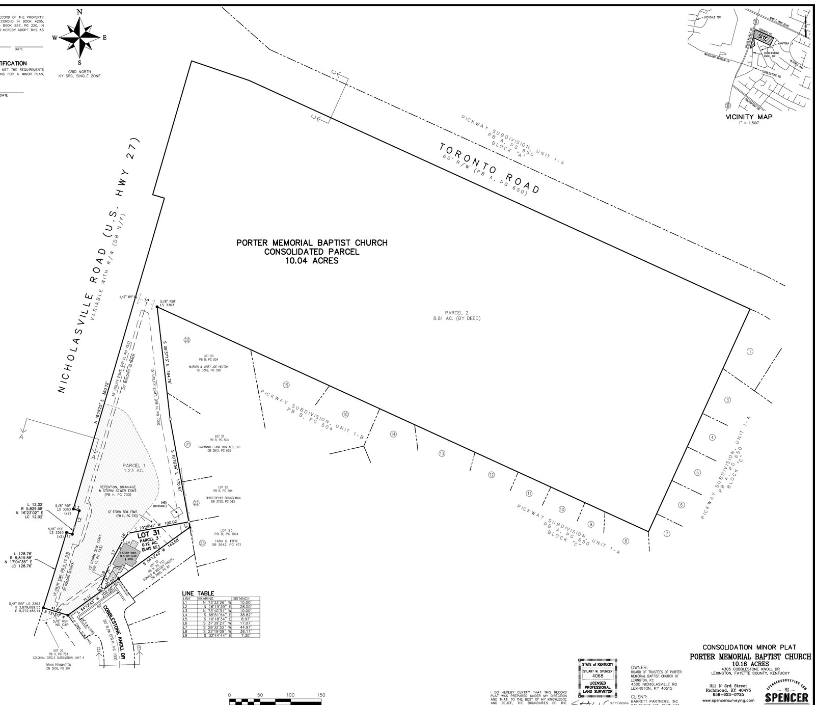 Consolidation minor plat for Porter Memorial Baptist Church showing a 10.04-acre consolidated parcel along Toronto Road and Lot 31 at 4305 Cobblestone Knoll Drive