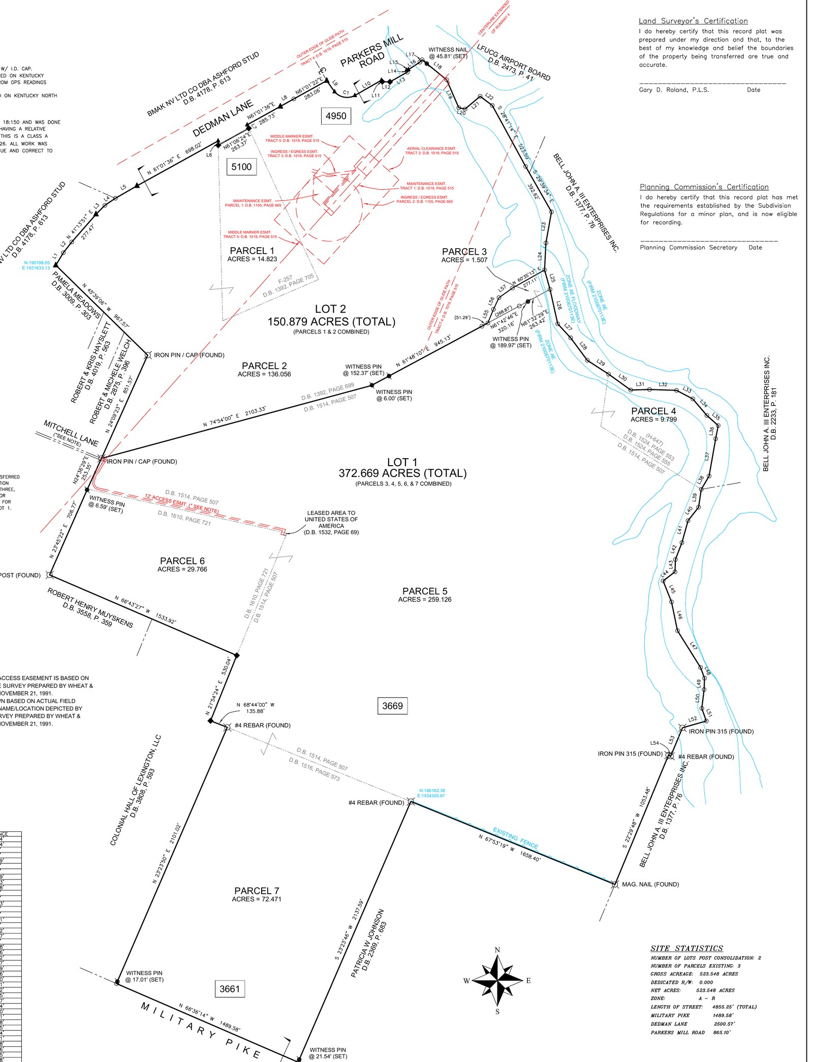 Consolidation minor subdivision plat of Shadwell Farms Inc. property showing Lot 1 (372.669 acres) and Lot 2 (150.879 acres) along Military Pike, Parkers Mill Road and Dedman Lane