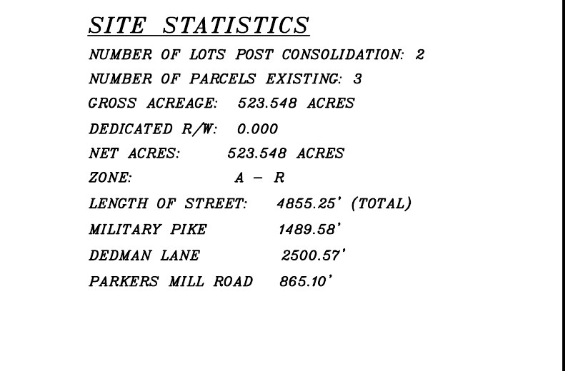 Site statistics block: number of lots post consolidation 2, parcels existing 3, gross acreage 523.548, zone A-R