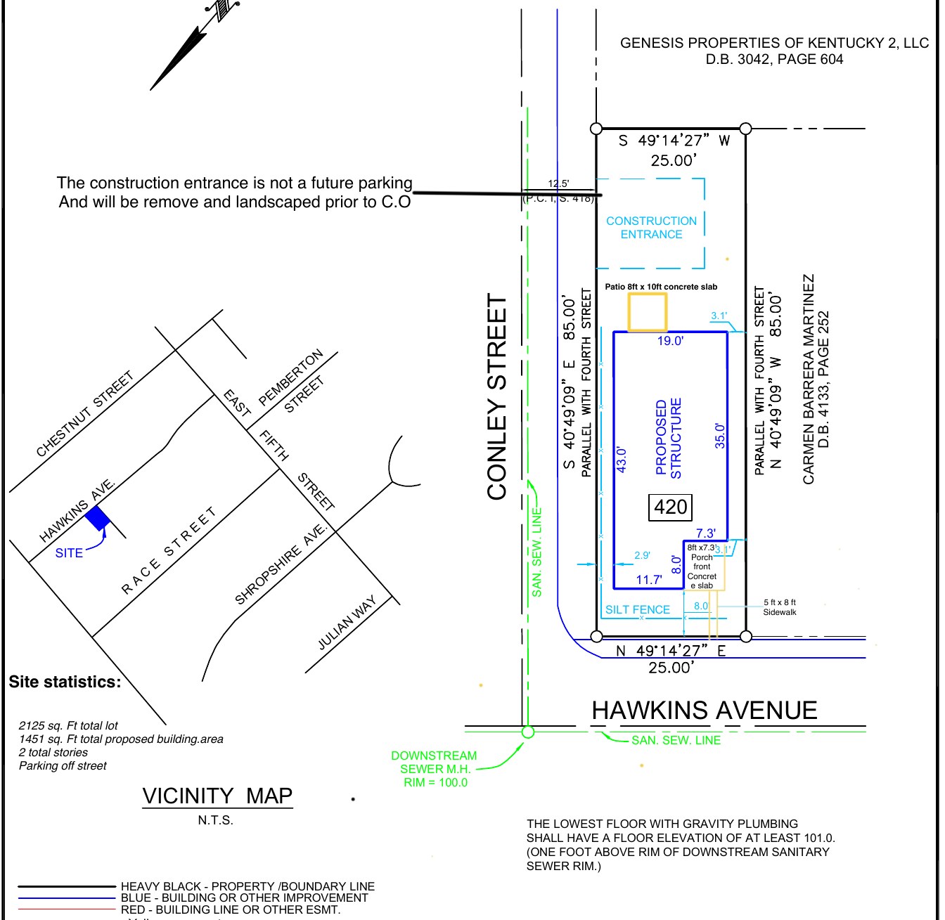 Site plan for 420 Hawkins Avenue showing a 25-by-85-foot lot at Conley Street with a proposed two-story structure, front porch, rear patio and a construction entrance
