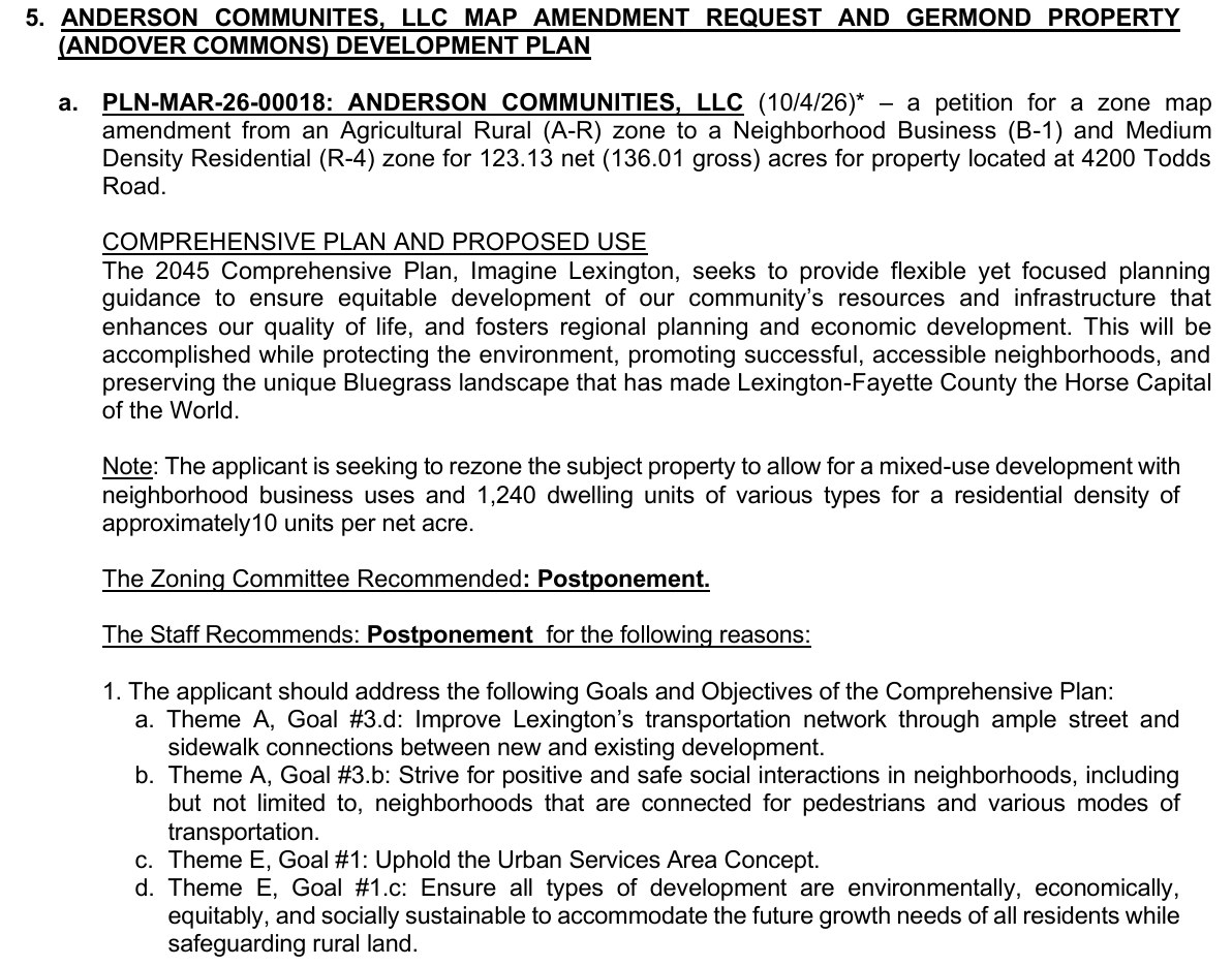 Excerpt of the Sept. 24 Planning Commission agenda showing the Anderson Communities zone change with the Zoning Committee and staff both recommending postponement