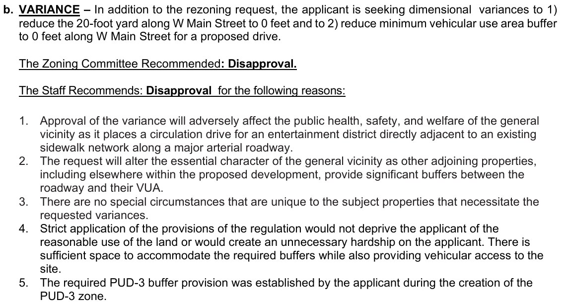 Excerpt of the Sept. 24 Planning Commission agenda listing five reasons staff recommend disapproval of the Turner Property 4 variances along West Main Street