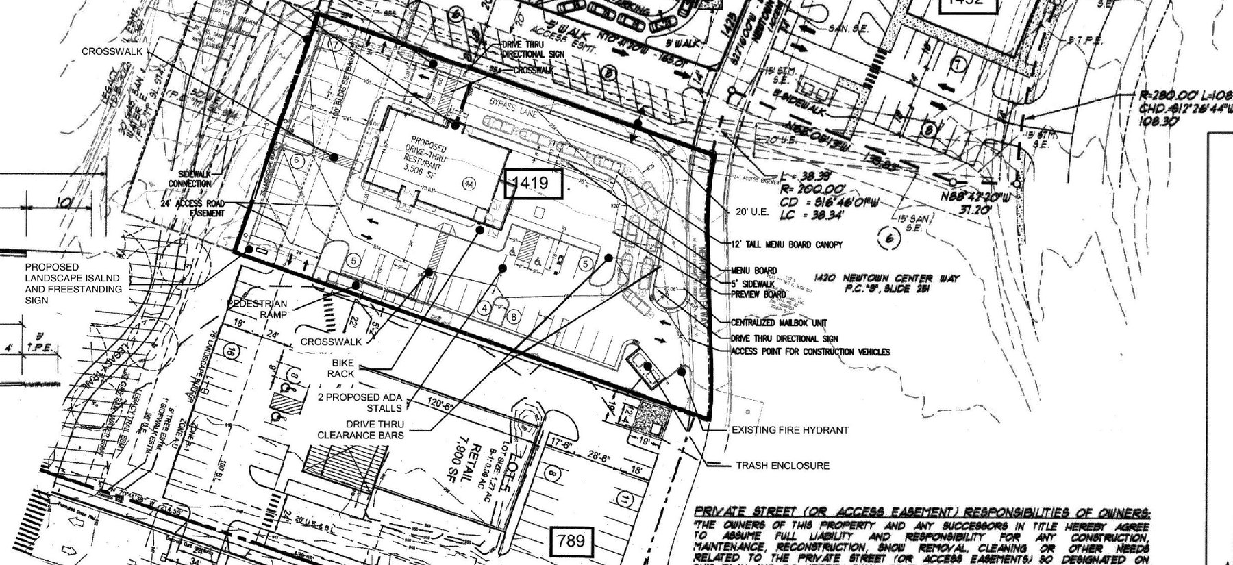 Site plan of Lot 4A at 1419 Newtown Center Way showing a proposed 3,506-square-foot drive-thru restaurant with a drive-thru lane and bypass lane, menu board canopy and 35 parking spaces.