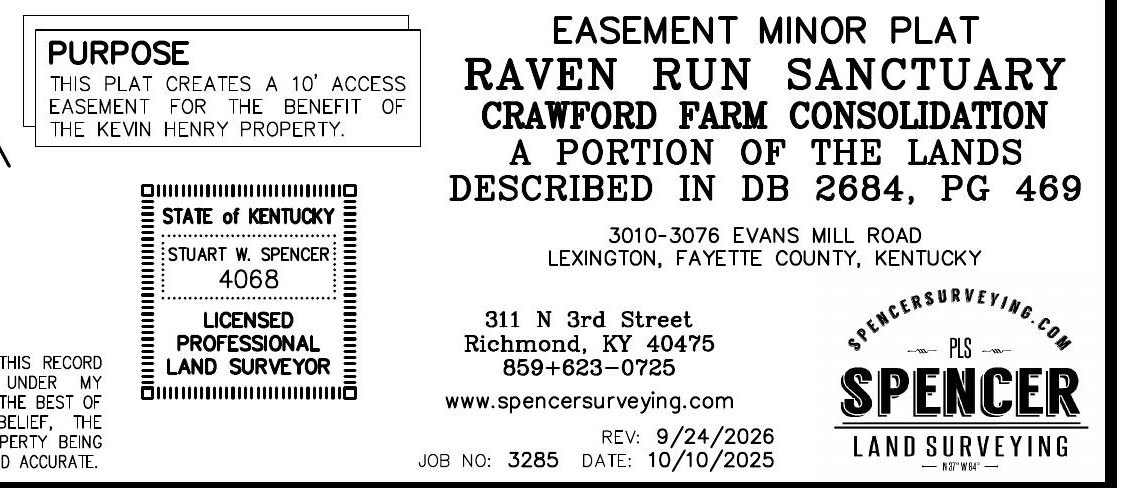Plat title block: Easement minor plat, Raven Run Sanctuary, Crawford Farm Consolidation, with a purpose box reading: This plat creates a 10-foot access easement for the benefit of the Kevin Henry property.