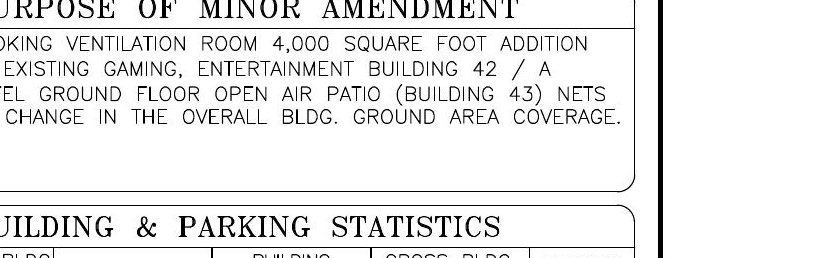 Plan sheet box reading: Purpose of minor amendment, smoking ventilation room 4,000 square foot addition to existing gaming, entertainment building 42 / a hotel ground floor open air patio (Building 43) nets no change in the overall building ground area coverage.