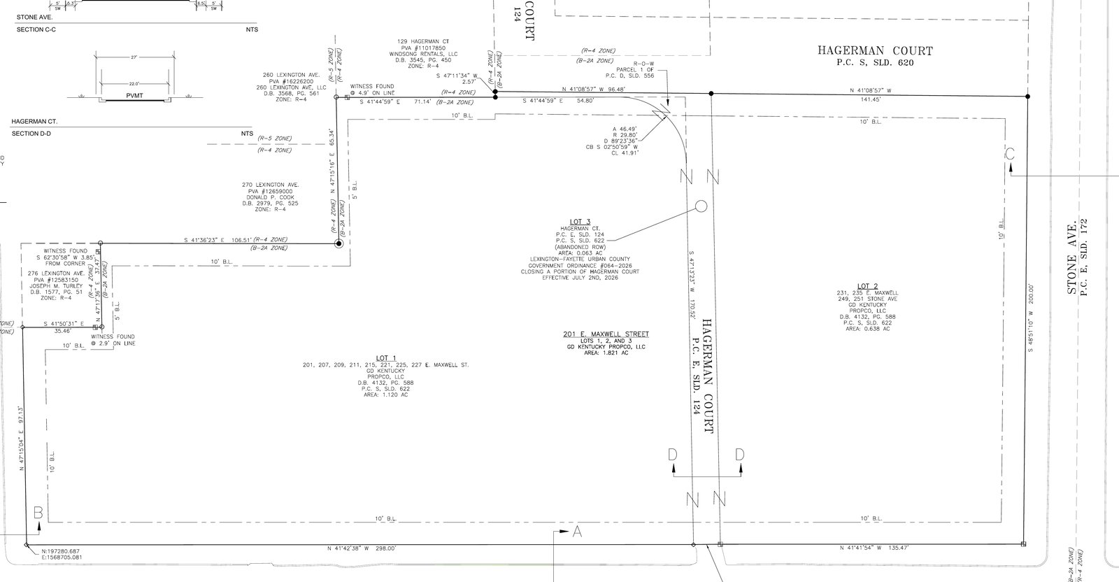 Survey plat showing Lot 1 along East Maxwell Street, Lot 2 at Stone Avenue, and a narrow Lot 3 strip between them labeled as abandoned Hagerman Court right-of-way closed by ordinance effective July 2, 2026.